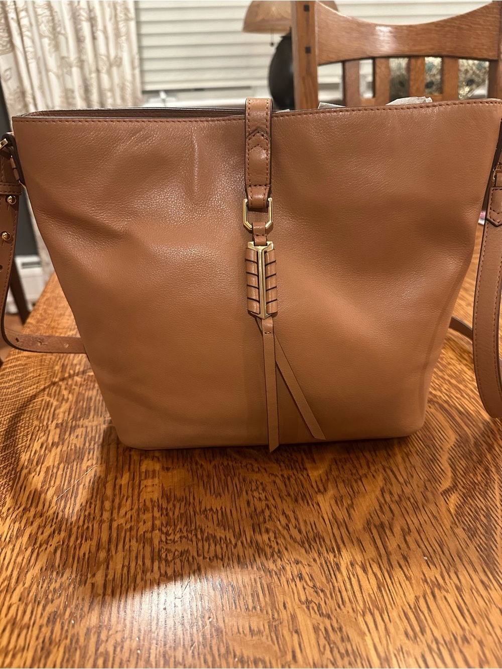 Leather Crossbody Tote in Tan